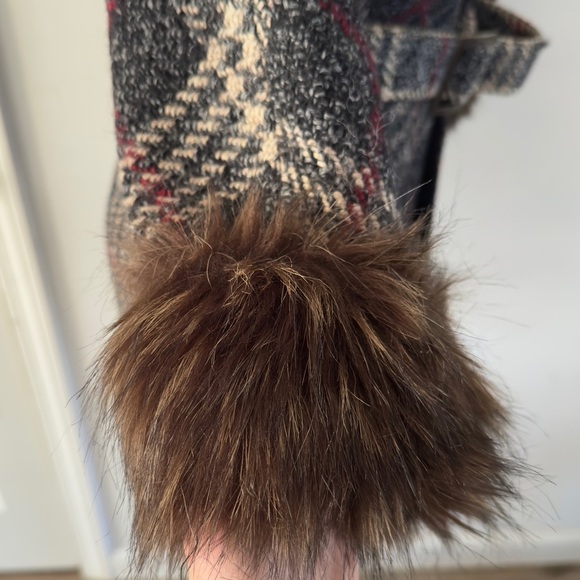 Vintage Y2K Echo Brown Wool Blend Plaid Overcoat Faux Fur Cuffs Wrap‎ Jacket M/L - Picture 9 of 15